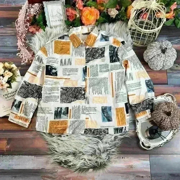 Newspaper All over Print Slogan Collared Button Front Drop Shoulder Blouse, L - Picture 3 of 13